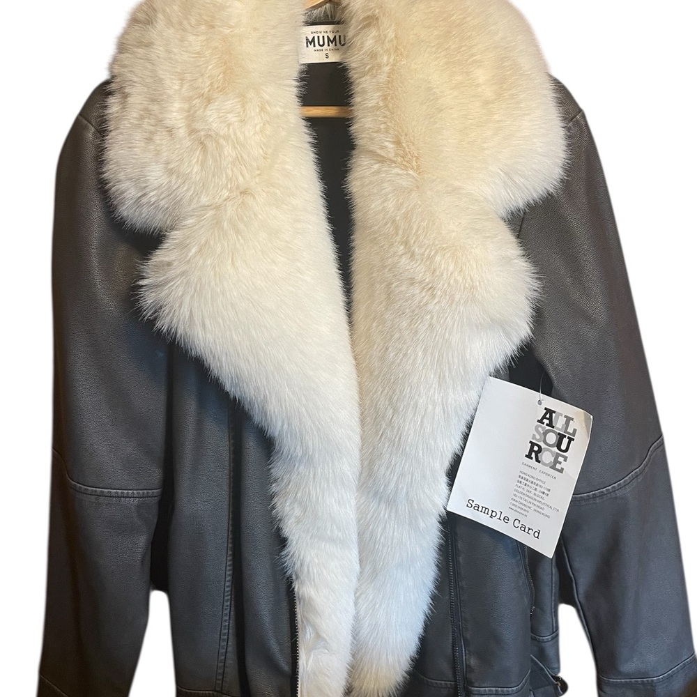 Cream Fur Trim Black Faux Leather Aviator Jacket